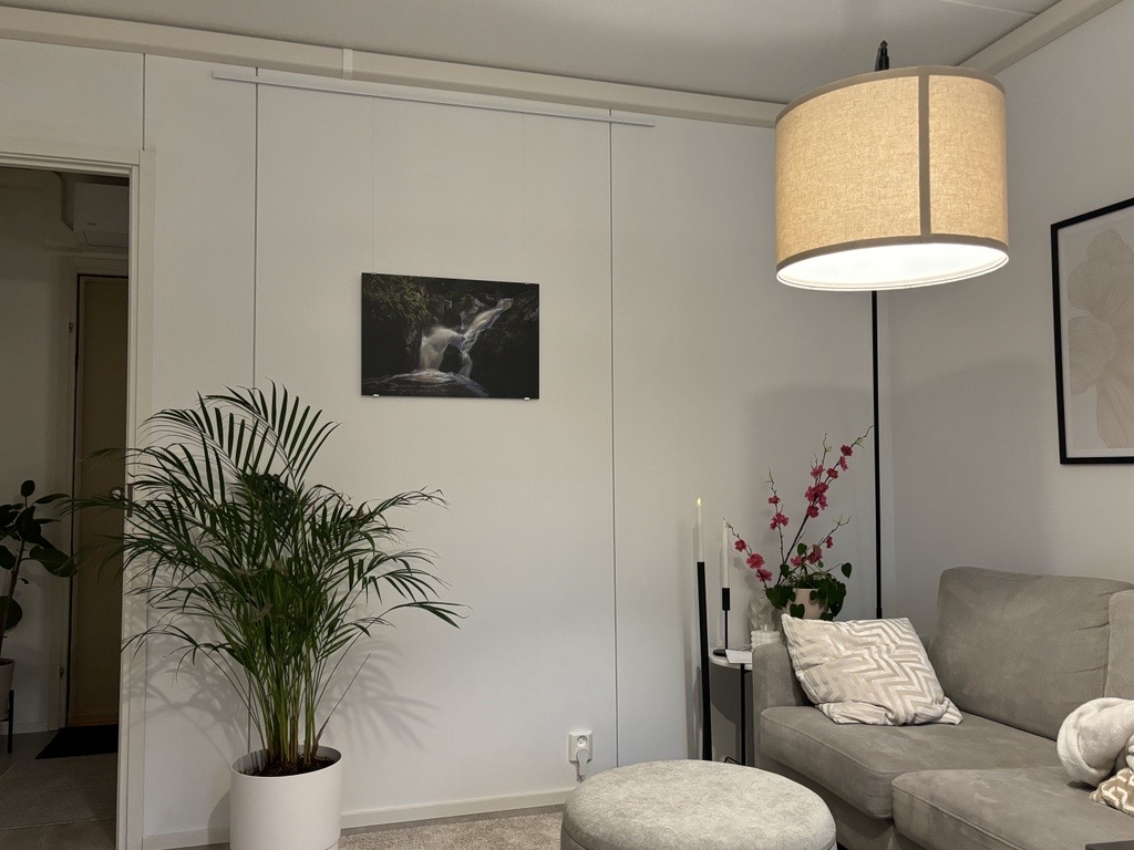 Client's gallery wall featuring a waterfall image hung with Nielsen rails and cables.